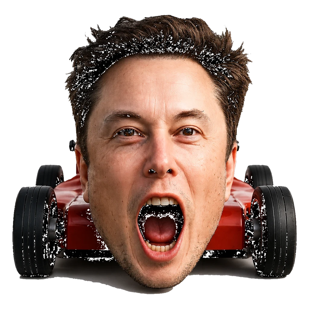 TESLON, a giant head mounted on a red car chassis with its mouth wide open